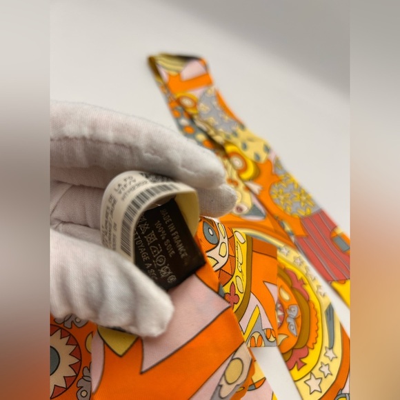 HERMES LES MURMURES DE LA FORET Set Of 2 Twilly New With Tags Orange Jaune Vif - Picture 7 of 9